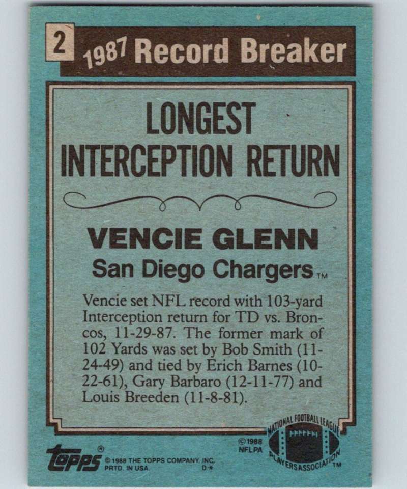 1988 Topps #2 Vencie Glenn Chargers RB NFL Football Image 2