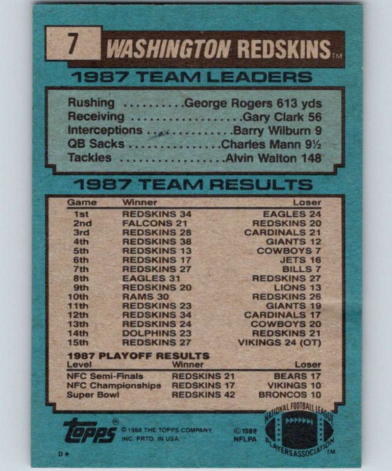 1988 Topps #7 Washington Redskins Kelvin Bryant Redskins NFL Football Image 2