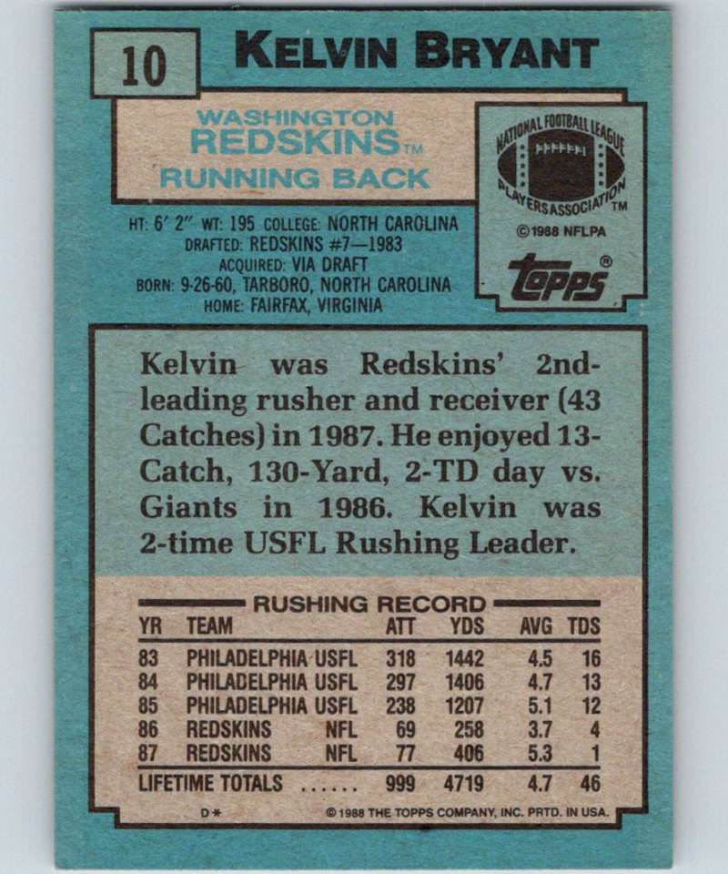 1988 Topps #10 Kelvin Bryant Redskins NFL Football Image 2