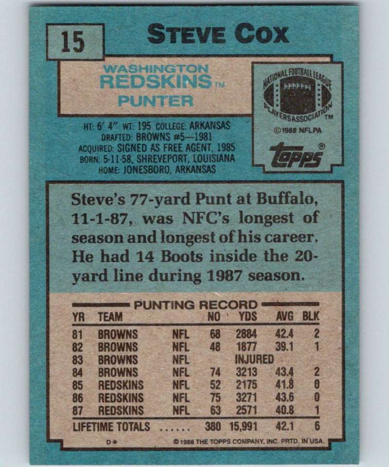 1988 Topps #15 Steve Cox Redskins NFL Football