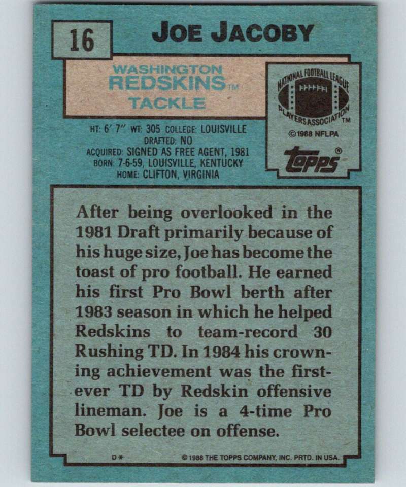 1988 Topps #16 Joe Jacoby Redskins NFL Football