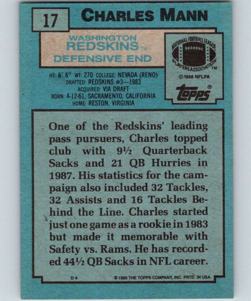 1988 Topps #17 Charles Mann Redskins NFL Football Image 2