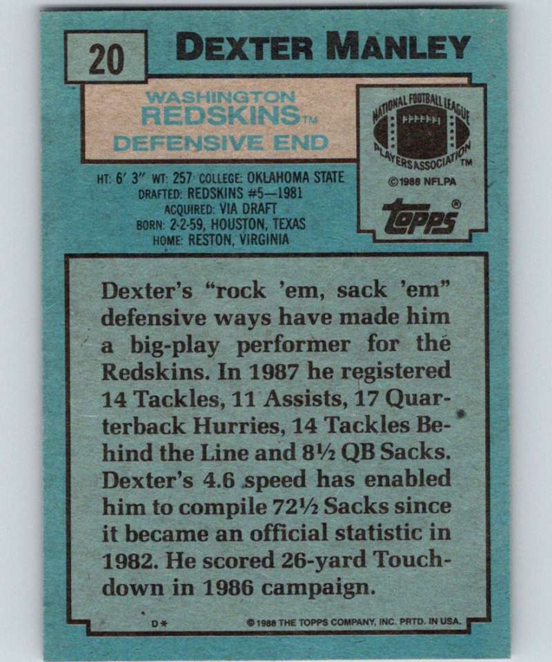 1988 Topps #20 Dexter Manley Redskins NFL Football