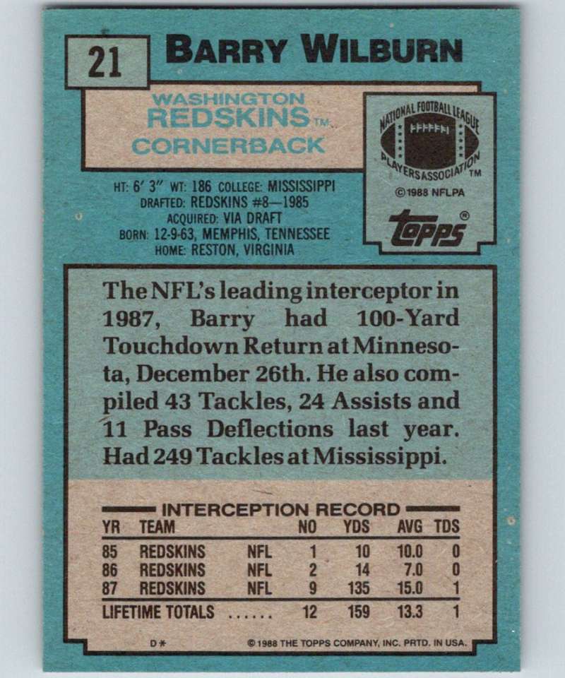 1988 Topps #21 Barry Wilburn Redskins NFL Football Image 2