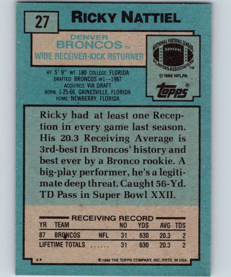 1988 Topps #27 Ricky Nattiel RC Rookie Broncos NFL Football Image 2