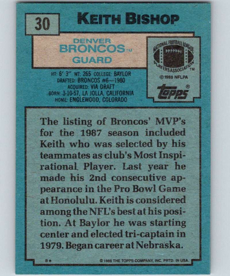 1988 Topps #30 Keith Bishop Broncos NFL Football Image 2