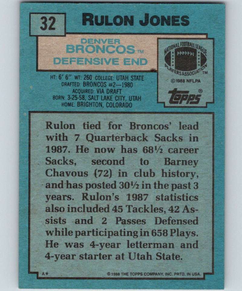 1988 Topps #32 Rulon Jones Broncos NFL Football