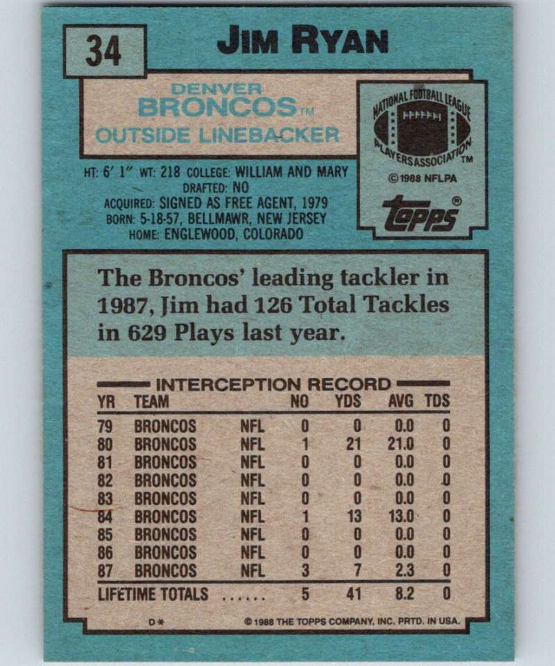 1988 Topps #34 Jim Ryan Broncos NFL Football