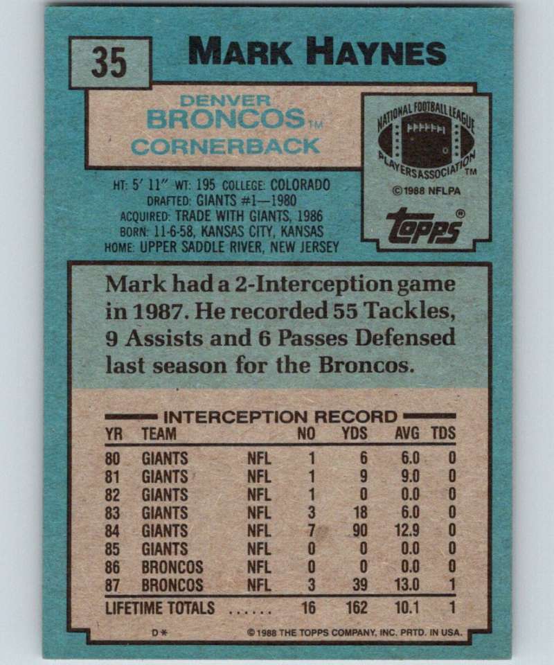 1988 Topps #35 Mark Haynes Broncos NFL Football Image 2
