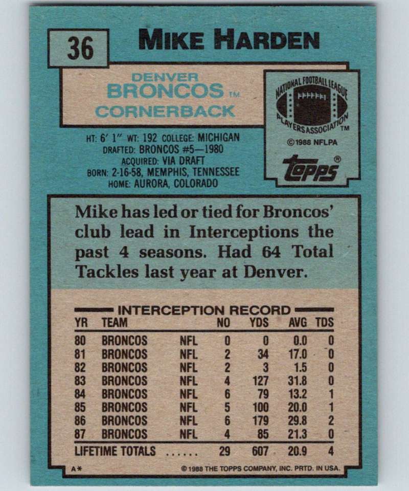 1988 Topps #36 Mike Harden Broncos NFL Football Image 2