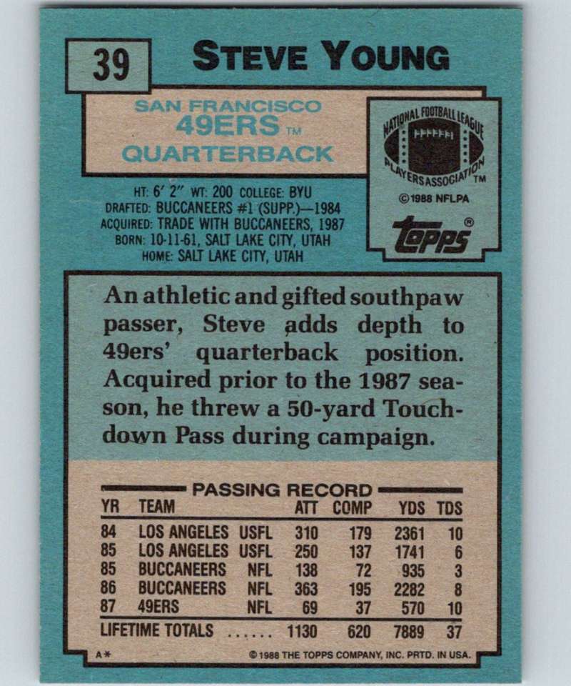 1988 Topps #39 Steve Young 49ers NFL Football Image 2