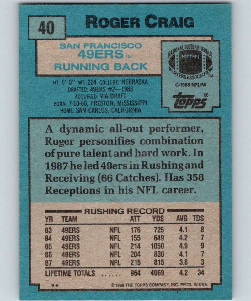 1988 Topps #40 Roger Craig 49ers NFL Football
