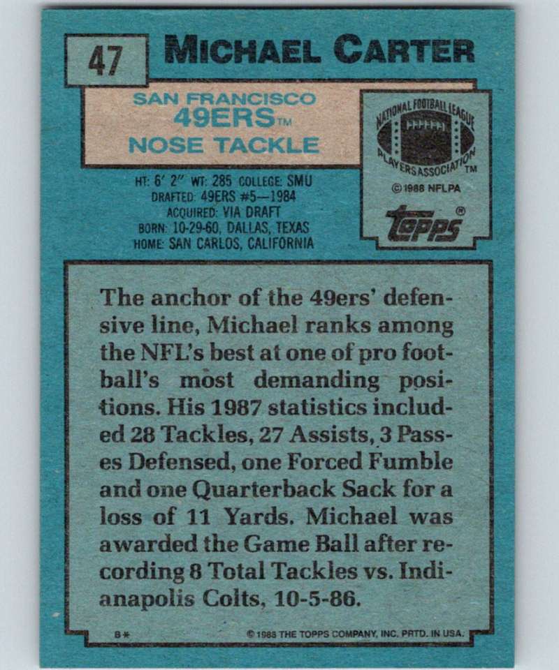 1988 Topps #47 Michael Carter 49ers NFL Football Image 2