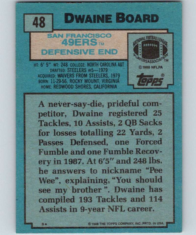 1988 Topps #48 Dwaine Board 49ers NFL Football Image 2
