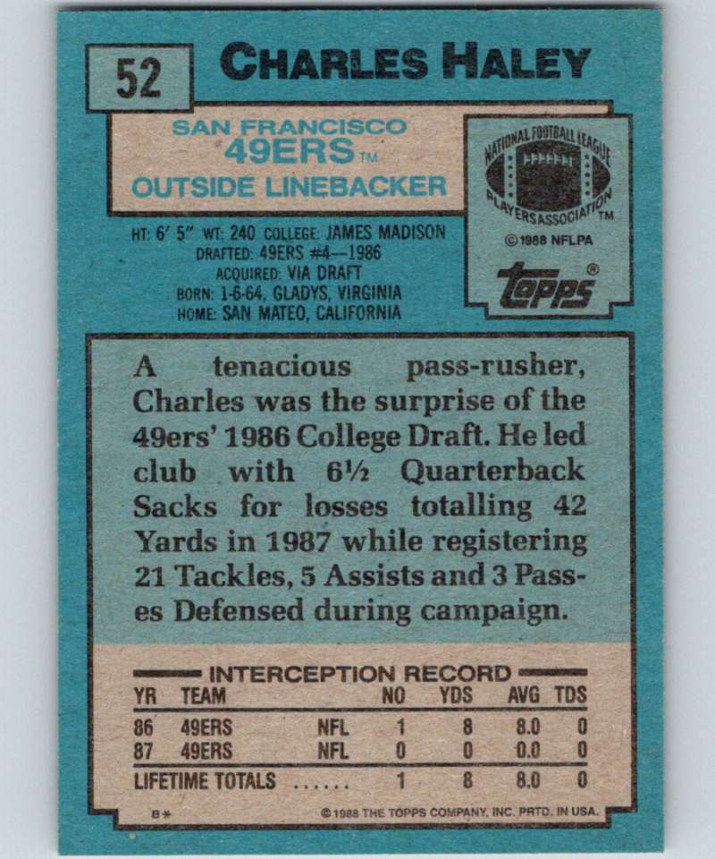 1988 Topps #52 Charles Haley 49ers NFL Football Image 2