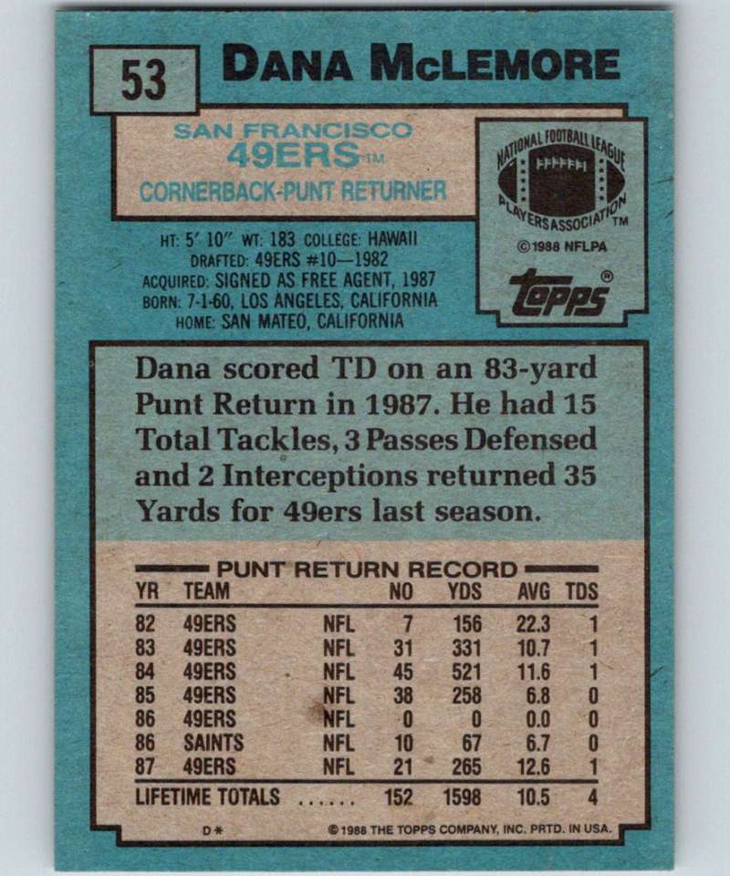 1988 Topps #53 Dana McLemore 49ers NFL Football Image 2