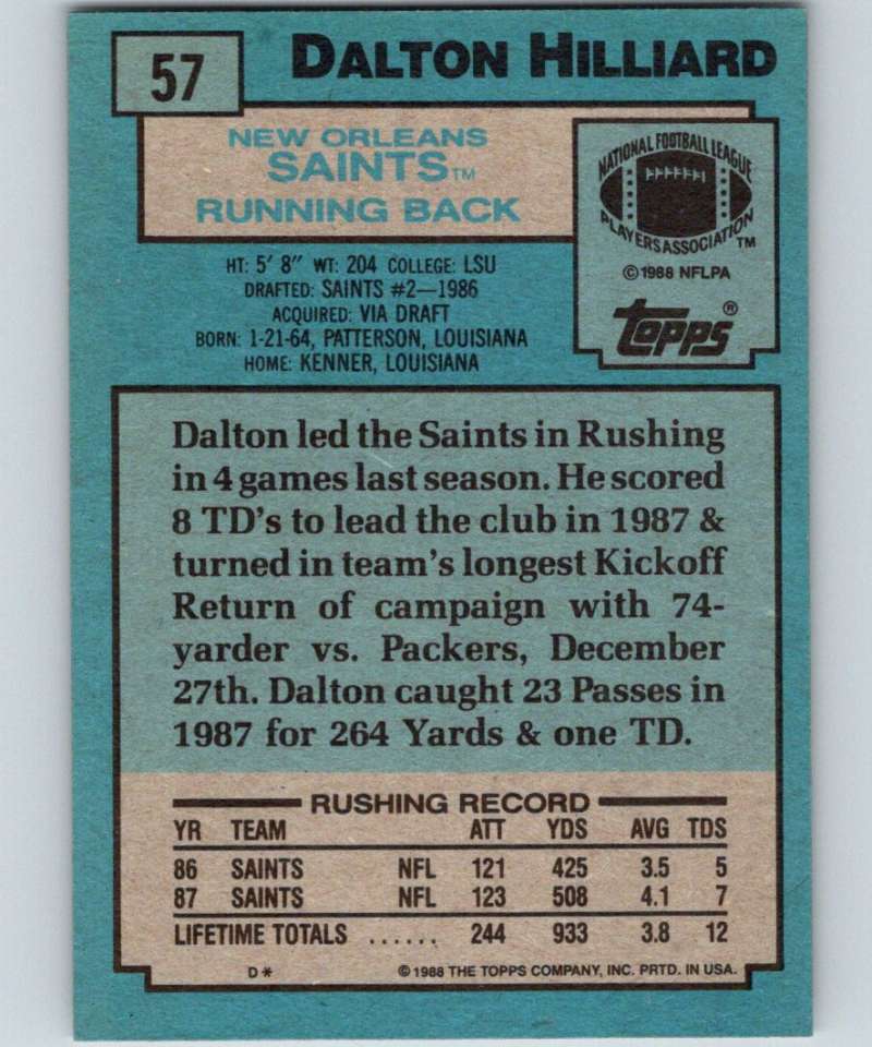 1988 Topps #57 Dalton Hilliard RC Rookie Saints NFL Football