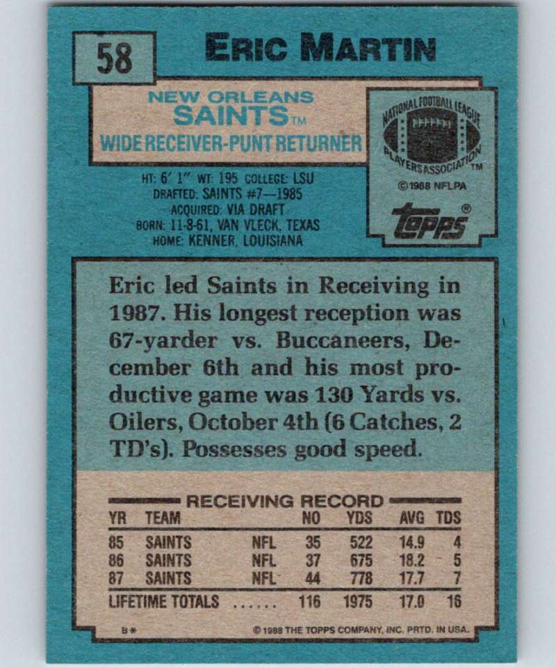 1988 Topps #58 Eric Martin Saints NFL Football Image 2