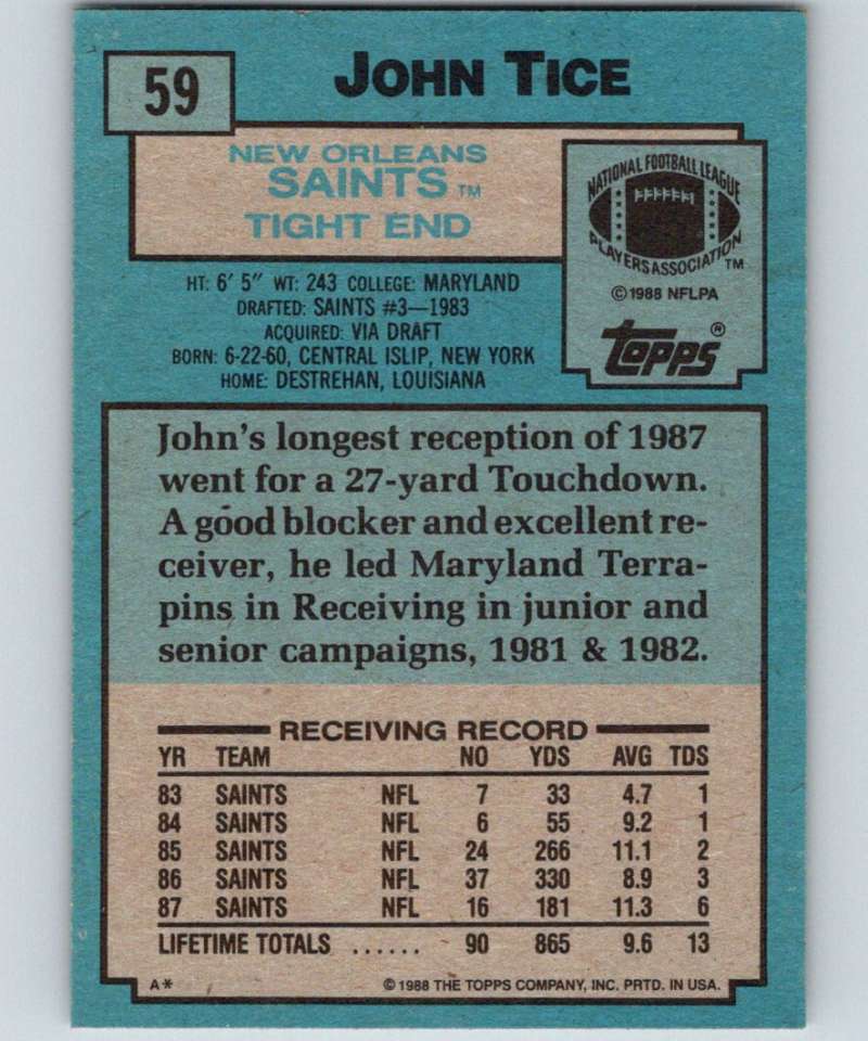 1988 Topps #59 John Tice RC Rookie Saints NFL Football Image 2
