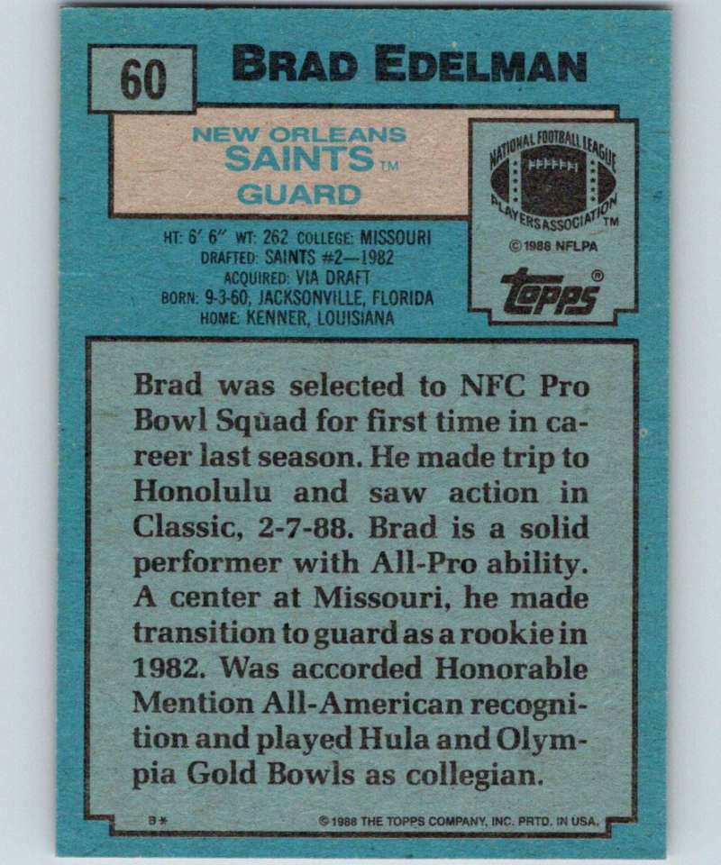 1988 Topps #60 Brad Edelman Saints NFL Football