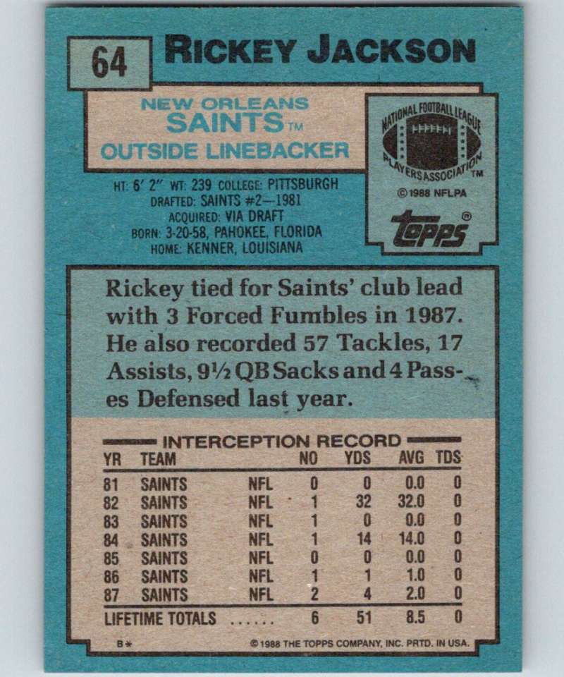 1988 Topps #64 Rickey Jackson Saints NFL Football Image 2