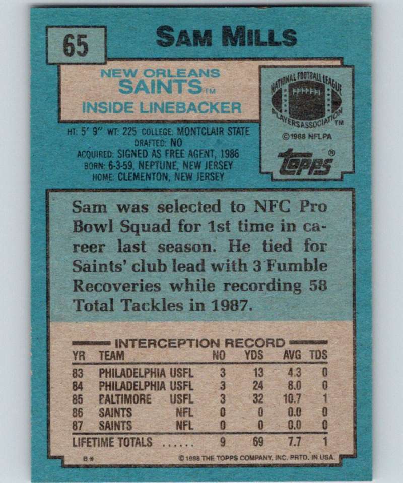 1988 Topps #65 Sam Mills RC Rookie Saints NFL Football