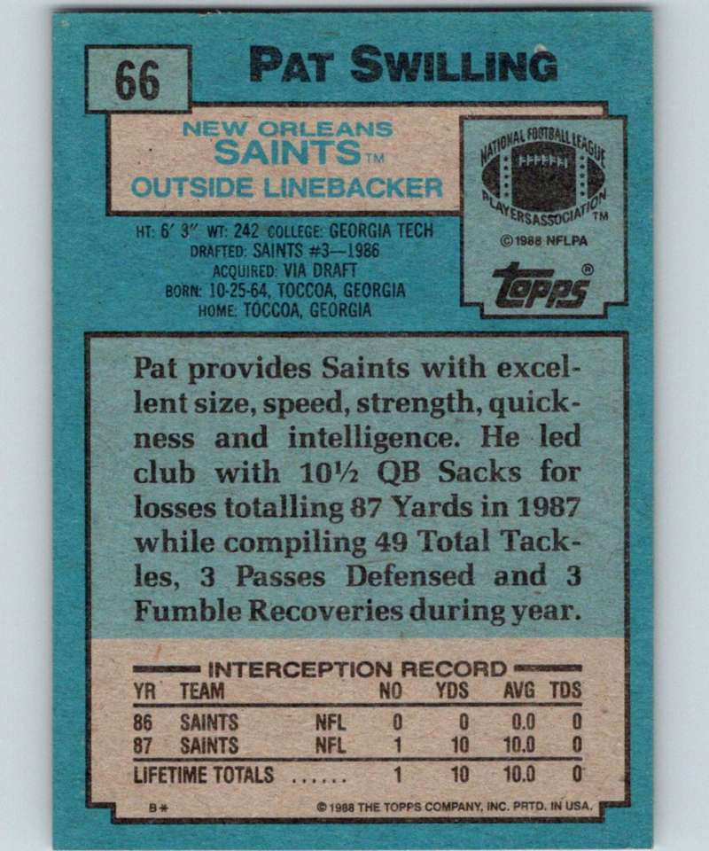 1988 Topps #66 Pat Swilling RC Rookie Saints NFL Football Image 2