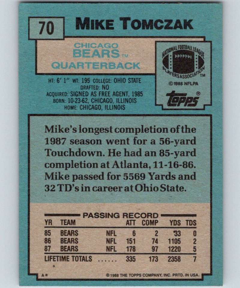 1988 Topps #70 Mike Tomczak RC Rookie Bears NFL Football