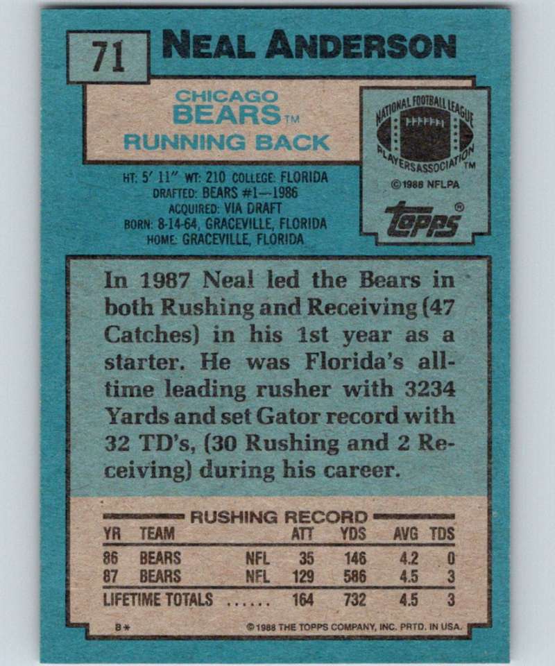1988 Topps #71 Neal Anderson RC Rookie Bears NFL Football Image 2