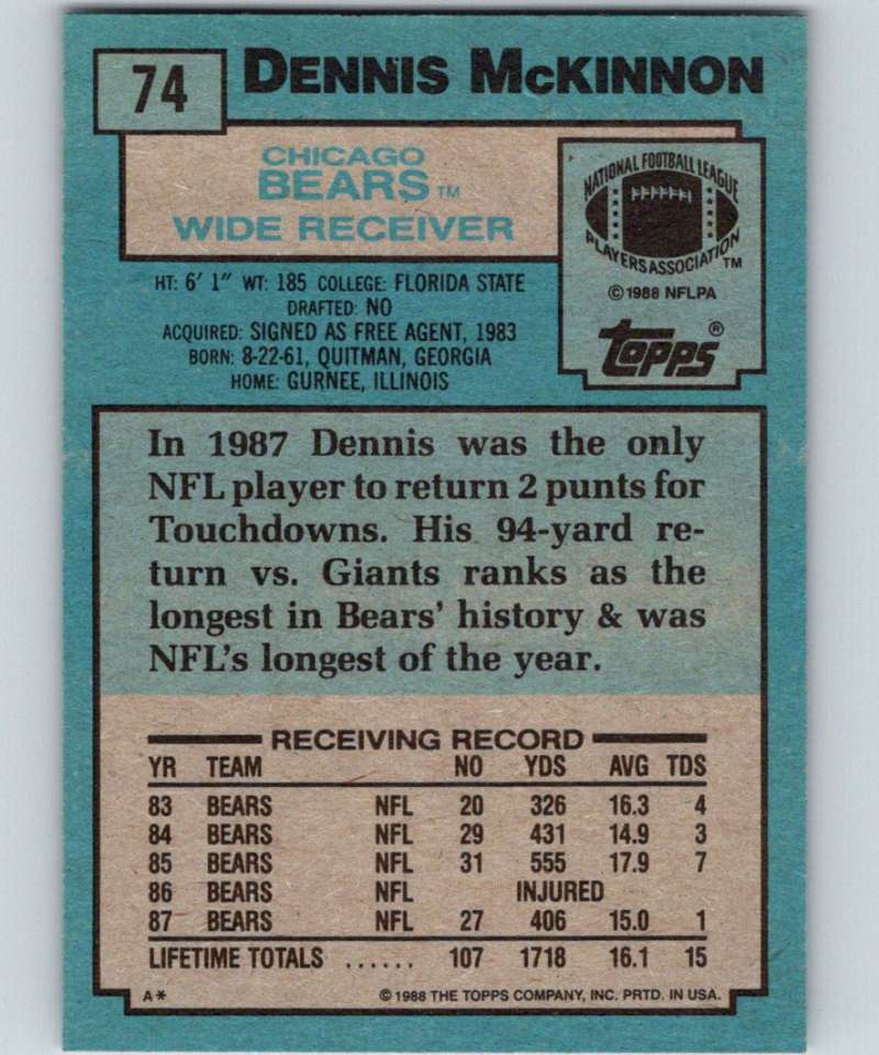 1988 Topps #74 Dennis McKinnon Bears NFL Football Image 2