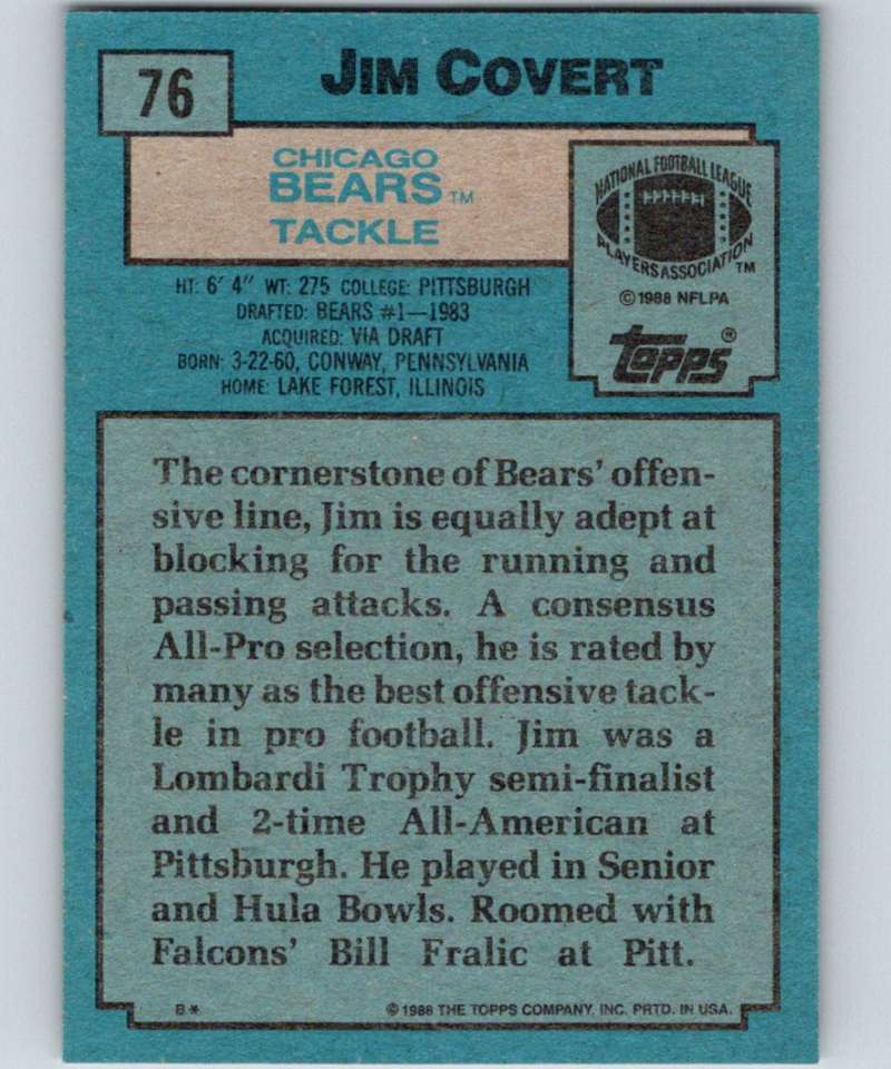 1988 Topps #76 Jim Covert Bears NFL Football Image 2