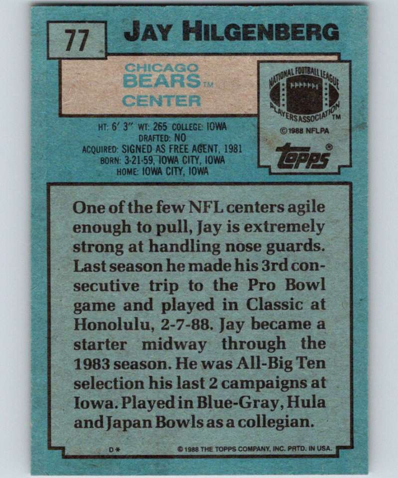 1988 Topps #77 Jay Hilgenberg Bears NFL Football Image 2
