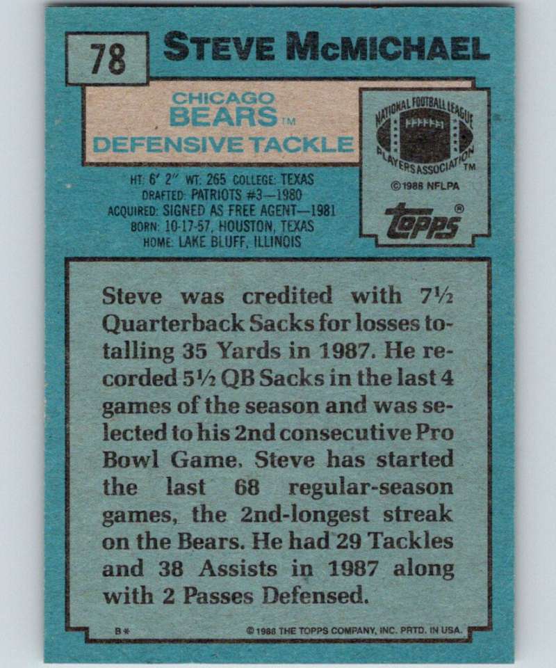 1988 Topps #78 Steve McMichael Bears NFL Football Image 2