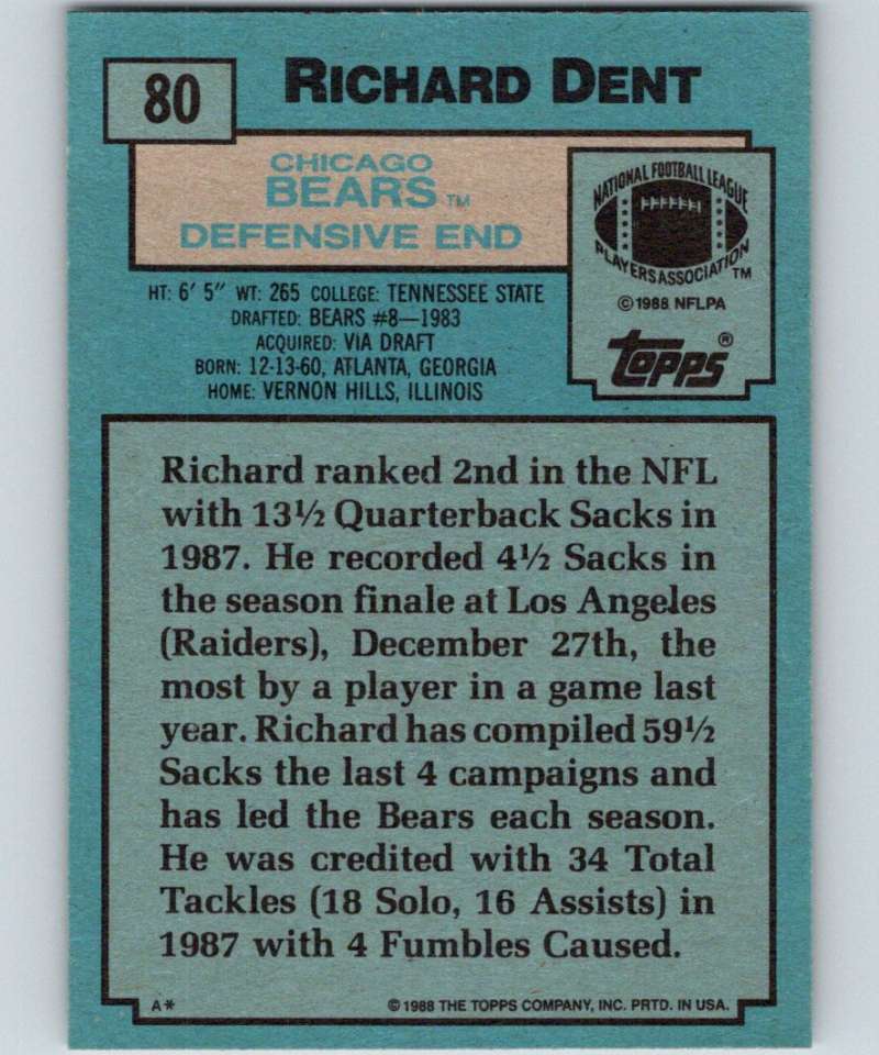 1988 Topps #80 Richard Dent Bears NFL Football Image 2