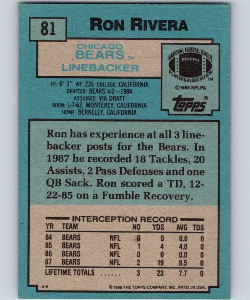 1988 Topps #81 Ron Rivera RC Rookie Bears NFL Football Image 2