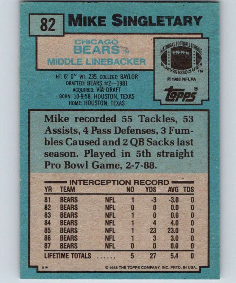 1988 Topps #82 Mike Singletary Bears NFL Football