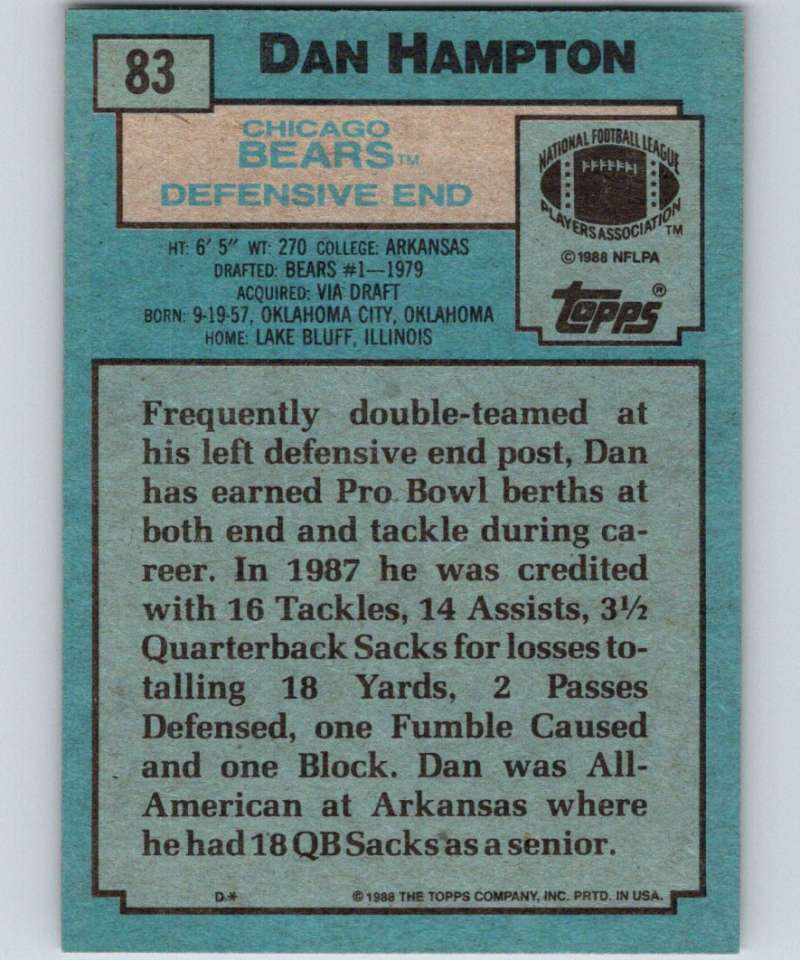 1988 Topps #83 Dan Hampton Bears NFL Football Image 2