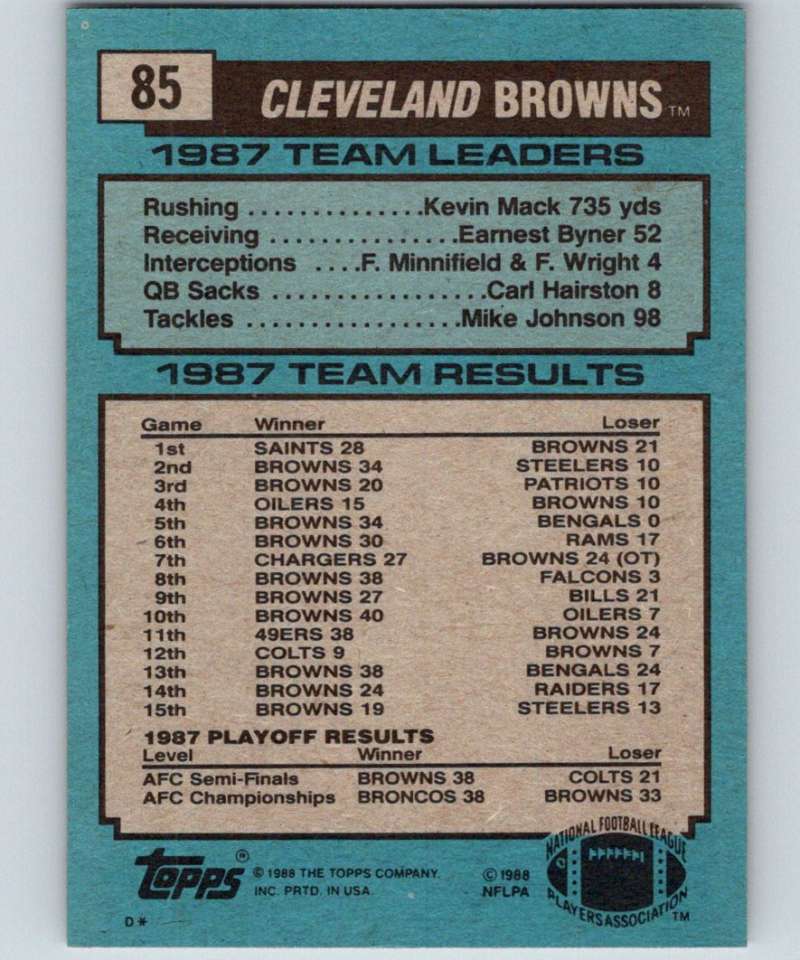 1988 Topps #85 Bernie Kosar Browns TL NFL Football Image 2