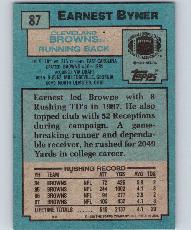 1988 Topps #87 Earnest Byner Browns NFL Football