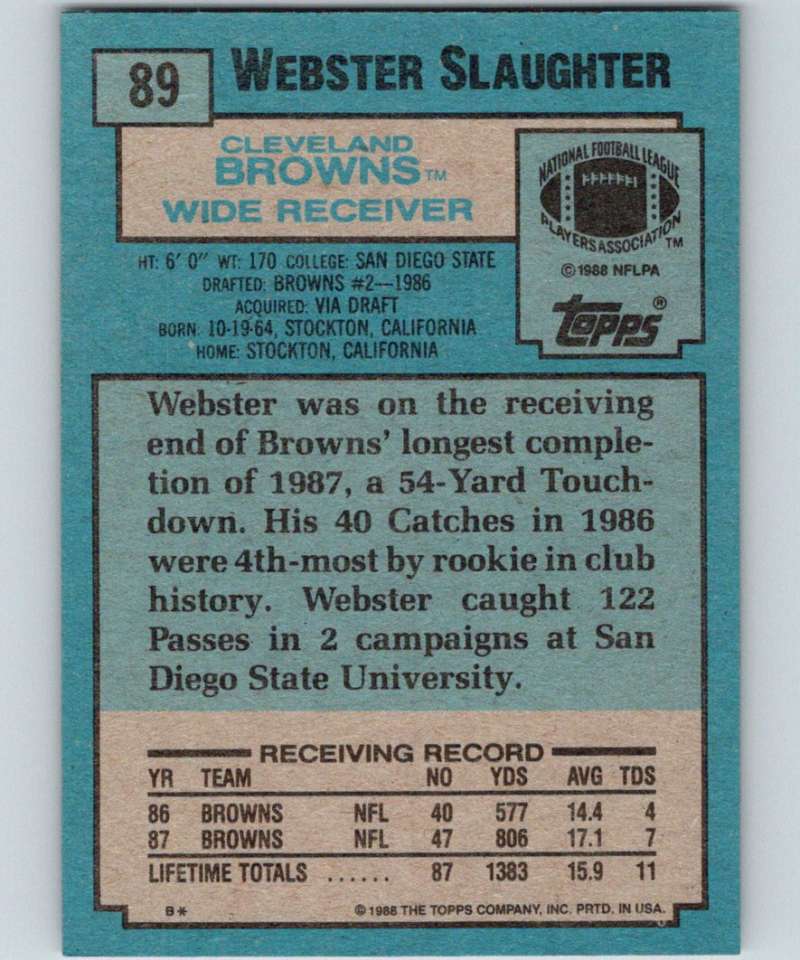 1988 Topps #89 Webster Slaughter RC Rookie Browns NFL Football