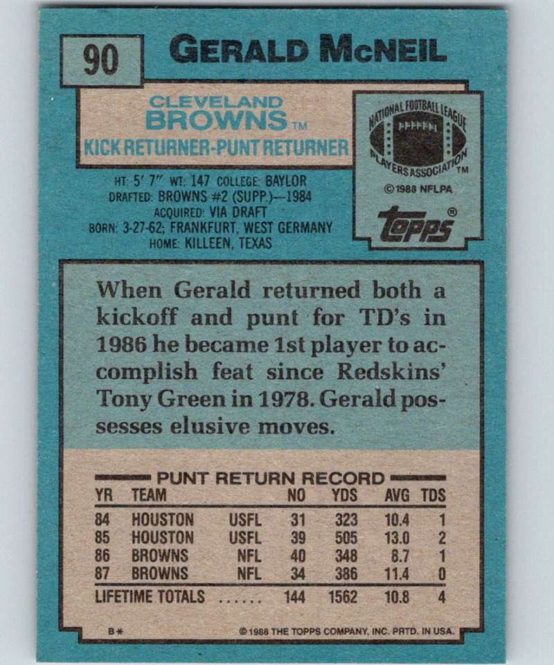 1988 Topps #90 Gerald McNeil Browns NFL Football Image 2