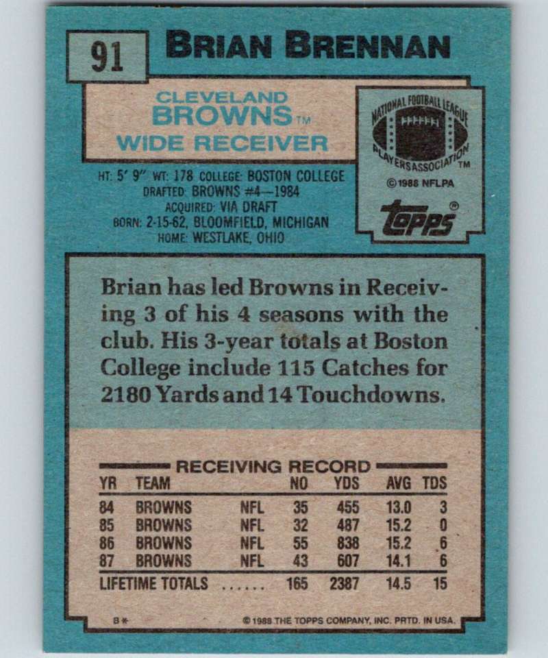 1988 Topps #91 Brian Brennan Browns NFL Football Image 2