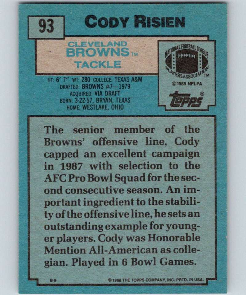 1988 Topps #93 Cody Risien Browns NFL Football Image 2