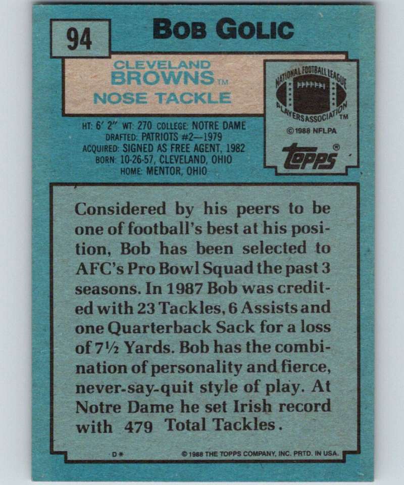 1988 Topps #94 Bob Golic Browns NFL Football Image 2