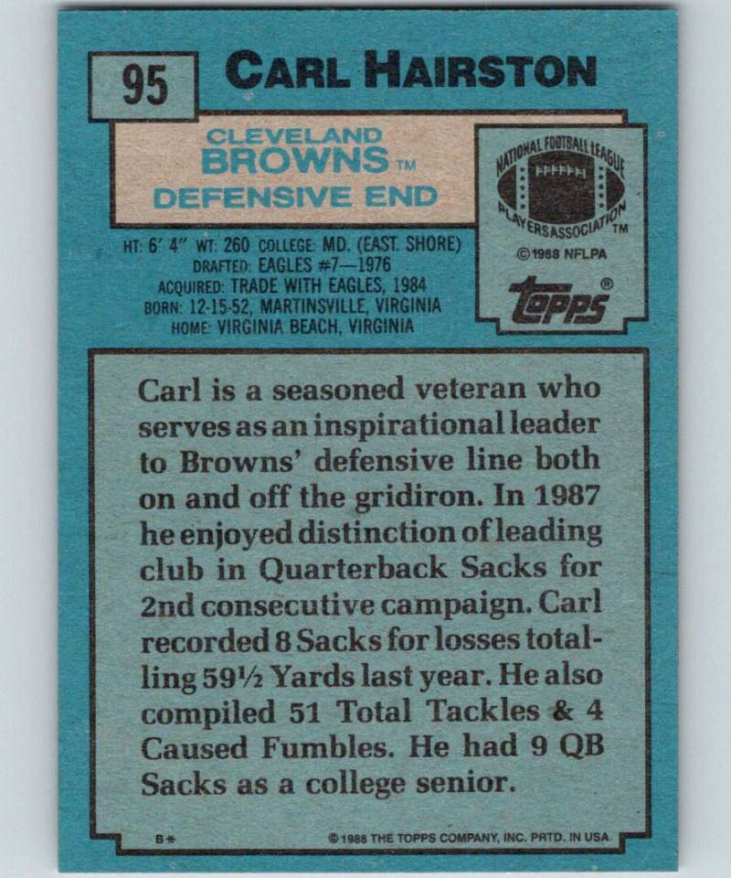 1988 Topps #95 Carl Hairston Browns NFL Football Image 2