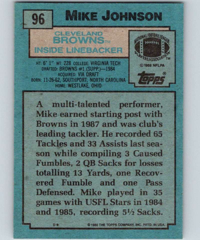 1988 Topps #96 Mike Johnson RC Rookie Browns NFL Football Image 2