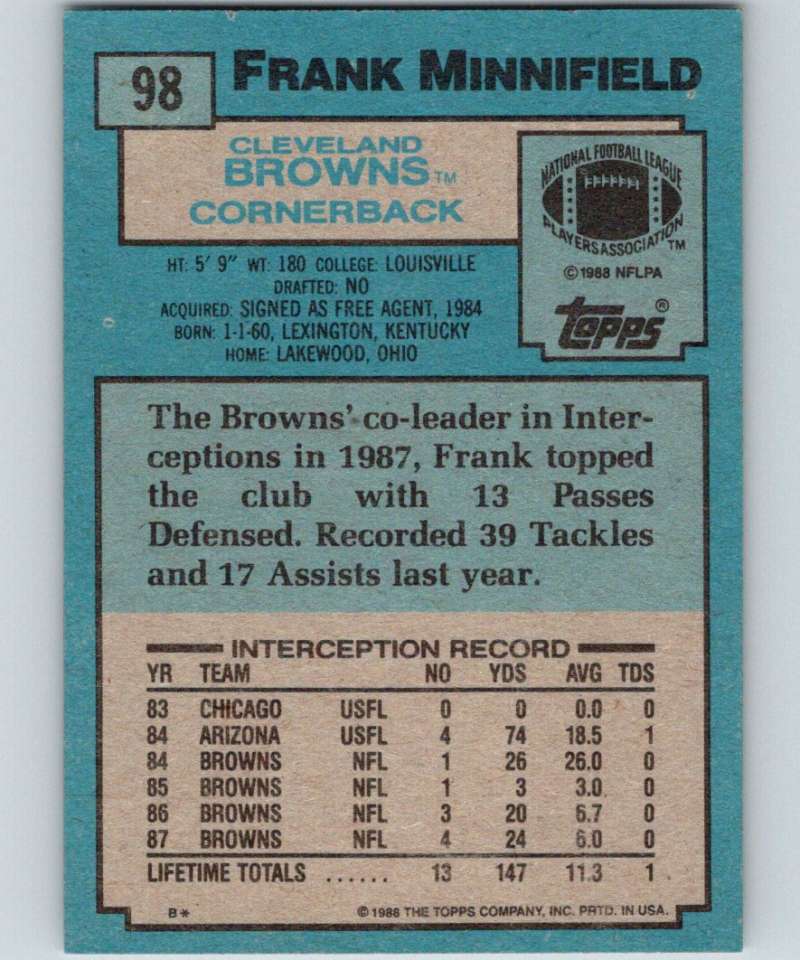 1988 Topps #98 Frank Minnifield Browns NFL Football Image 2