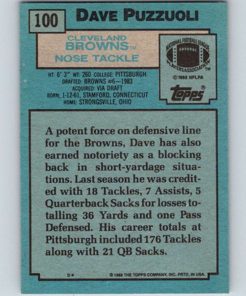 1988 Topps #100 Dave Puzzuoli Browns NFL Football Image 2