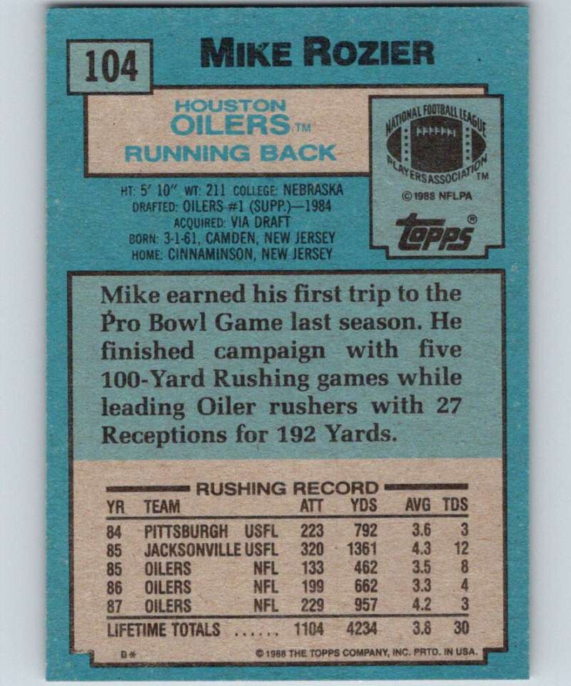 1988 Topps #104 Mike Rozier Oilers NFL Football Image 2