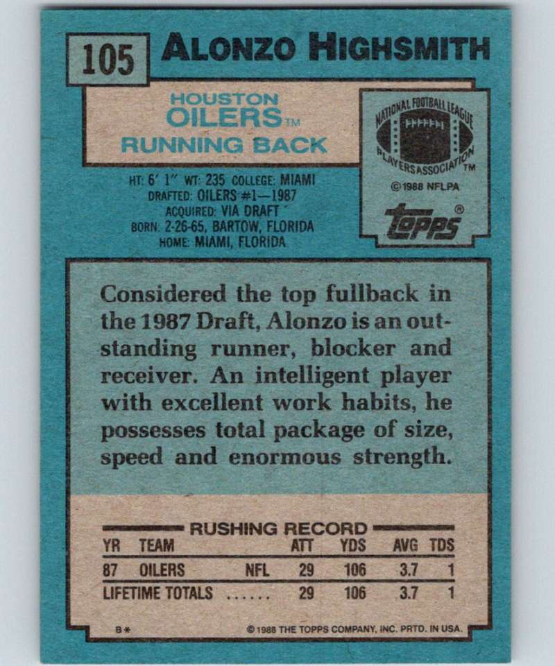 1988 Topps #105 Alonzo Highsmith RC Rookie Oilers NFL Football Image 2